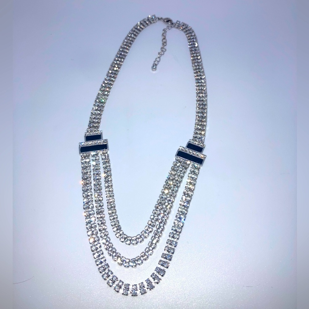 Vtg Butler FAC Rhinestone Waterfall Necklace Black Enamel Accents 16” + 2” Ext